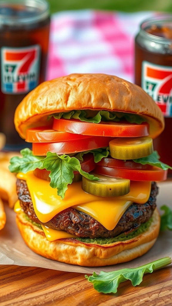 A delicious homemade 7-Eleven style burger with cheese, lettuce, tomato, and pickles on a toasted bun.